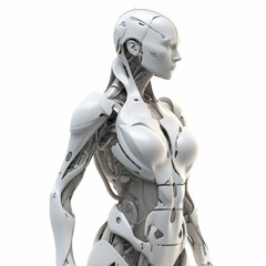robot body, hyper realistic, unreal engine. modeled after a woman body. white background high fashion. 