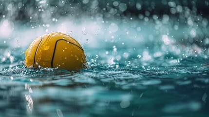 a yellow water ball in the water with water droplets - obrazy, fototapety, plakaty