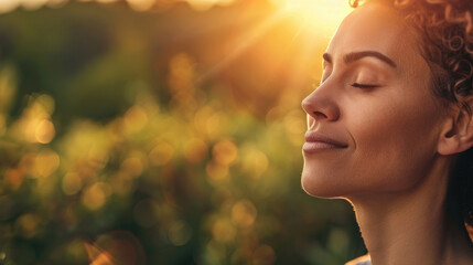 Fototapeta premium Charming woman closing her eyes in a moment of peace and reflection