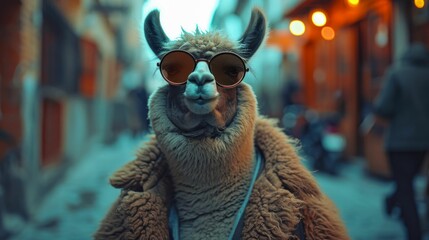 Dapper llama parades through city streets in tailored elegance, embodying street style. The realistic urban backdrop frames this fashionable camelid, seamlessly merging Andean charm with contemporary 