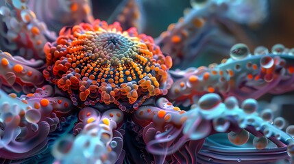 Capture the intricate beauty of nanotechnology through a macro photography lens, revealing microscopic details in a stunningly artistic way, utilizing digital rendering techniques - obrazy, fototapety, plakaty