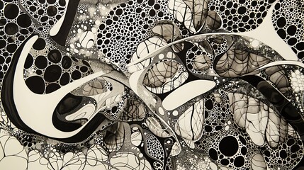 Embrace the challenge of capturing a frontal view of an intricate abstract artwork, while incorporating unexpected camera angles to create a sense of movement and energy Consider pen and ink for a bol