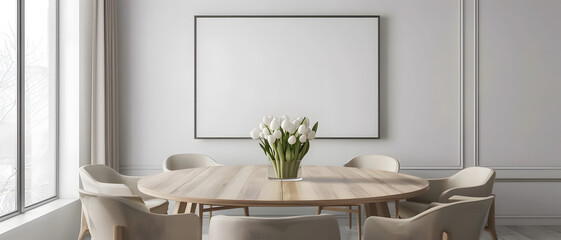 Modern dining room with a large framed blank canvas, a wooden table set with white tulips creating a stylish atmosphere