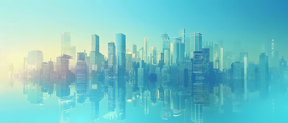 Fototapeta na wymiar This serene city illustration depicts a calm futuristic metropolis with buildings bathed in gradient blue tones suggesting tranquility and harmony