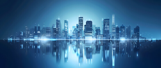 A breathtaking view of a cityscape bathed in blue with clear skies and reflective waters