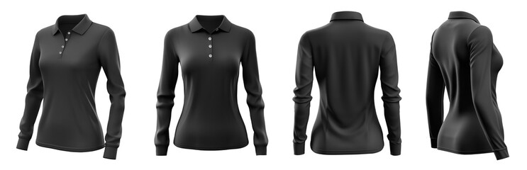 Set of woman black front, back and side view collar long sleeve slim fit polo tee shirt on transparent background cutout, PNG file. Mockup template for artwork graphic design.	

