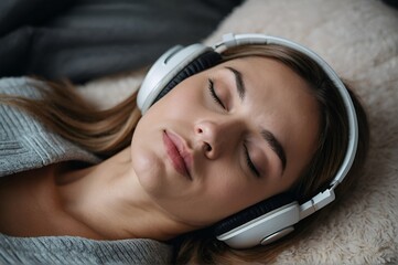 Young woman with headphones lying down on the sofa, listening to relaxing music, peaceful and stress free lifestyle concept.