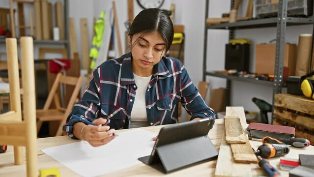 A focused indian woman drafts plans on paper in a well-organized carpentry workshop, tablet at hand.