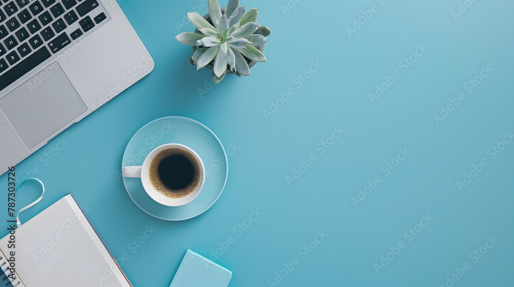 Poster Minimal work space  Creative flat lay photo of workspace desk Top view office desk with laptop notebooks and coffee cup on blue color background Panoramic banner background with copy s : Generative AI