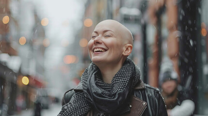 A woman with a bald head smiles as she walks down the street