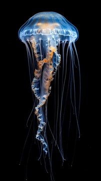 The deep ocean darkness is lit by the gentle radiance of a blue jellyfish, its tendrils delicately tracing the water's unseen currents.