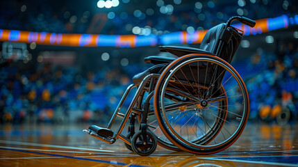 Wheelchair on Basketball Court in Front of Crowd
