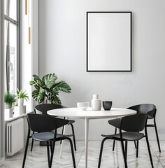 A bright dining area with a round white table, black chairs, and a blank frame on a wall near the window