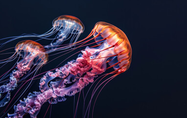 A swarm of colorful, vibrantly patterned jellyfish undulate gracefully through the dark waters, creating a stunning, otherworldly display of marine life. - obrazy, fototapety, plakaty
