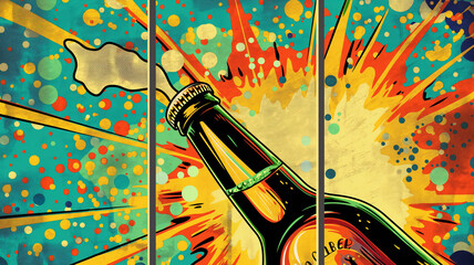 3 panel wall art, Wow pop art beer bottle compositions. Pop art poster usable for interior design.