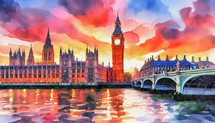 Watercolor painting of Sunset skyline of Big Ben abd Houses of Parliament in London - obrazy, fototapety, plakaty