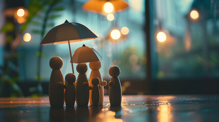 Umbrella and wooden dolls with copy space Family protection and insurance coverage concept : Generative AI