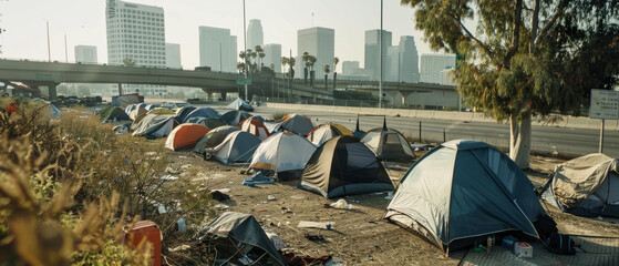 A panoramic view shows a line of tents set against a bustling freeway and distant city skyline, encapsulating urban homelessness. - obrazy, fototapety, plakaty
