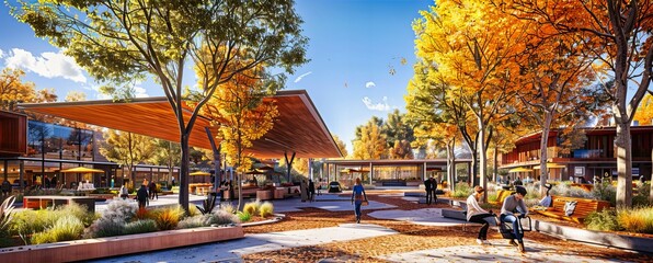 Contemporary Urban Home with Colorful Autumn Foliage, Sunny Day in Suburban Street, Modern Architecture and Design