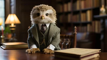 Foto op Aluminium Envision a debonair owl in a tweed vest, paired with a bow tie and a leather satchel. Amidst a backdrop of library shelves, it exudes scholarly charm and intellectual refinement. The ambiance: studiou © Дмитрий Симаков