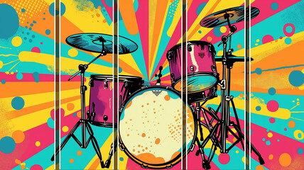 3 panel wall art, Wow pop art drum compositions. Pop art poster usable for interior design.  - obrazy, fototapety, plakaty