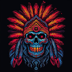 A skull with a feather headdress and a red and blue background.