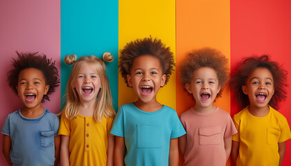 Collage made of five happy multiracial portraits of surprised children with opened mouths on colorful background. Concept of hally childhoom. International children's day