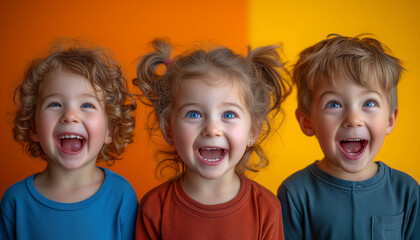 Collage made of three happy portraits of surprised children with opened mouths on colorful...