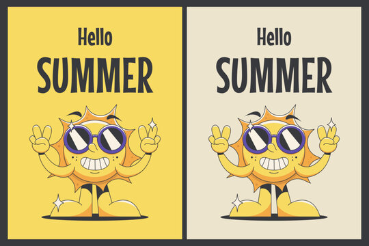 Hello summer in groovy style. Cartoon Sun with glasses making a peace sign with both hands. Vintage vector poster set.