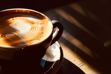 Dynamic taste of hot coffee latte, cup of coffee in rhythm light and shadows vintage vibes background 