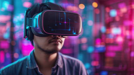 Man Engrossed in Virtual Reality, Neon Cyber World Experience