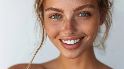 Joyful Young Caucasian Woman with Freckles, Close-Up Smiling Portrait