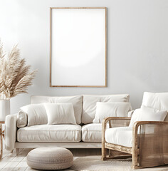 Empty frame ready for artwork in a chic living room with white furnishing and natural accents