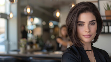 Chic Brunette with Bob Cut at Trendy Cafe, Contemporary Lifestyle Portrait