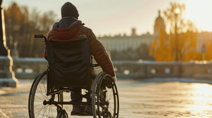 A person in a wheelchair navigating a street in an urban environment. The individual is moving independently on the sidewalk amidst pedestrian traffic
