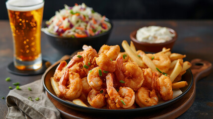 Dinner of fried shrimp with a beer - 787305595