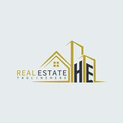 HE initial monogram logo for real estate with home shape creative design.