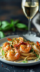 Shrimp scampi with glass of wine - 787305913