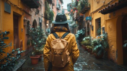 Solo traveler exploring spanish old town streets  young backpacker tourist on vacation in spain