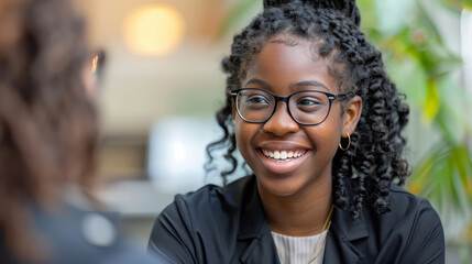 Smiling Young African-American Woman with Glasses in a Casual Office - obrazy, fototapety, plakaty