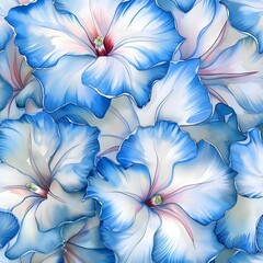 Delicate blue iris flowers The flower petals shimmer in shades of sky and sea blue. in the form of watercolor painting Realistic details and warm natural light.gennerate with Ai