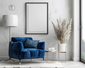 The space includes a luxurious blue velvet sofa, white walls, and a blank frame ready to showcase art or photography