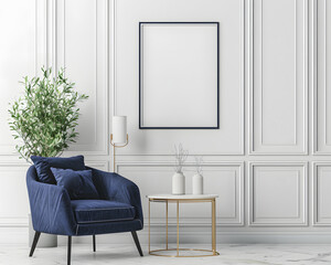 A contemporary living room with blue armchair, gold accents, and a large blank frame for adding custom artwork