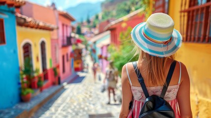 Obraz premium Solo female traveler exploring historic spanish town streets on vacation in europe