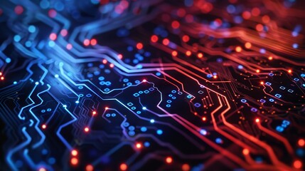 Vibrant close-up of a circuit board with red and blue electrical pathways, perfect for illustrating technology, ai and computing concepts.