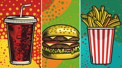 3 panel wall art, Wow pop art fast food compositions. Pop art poster usable for interior design. Cola, hamburger and chips background