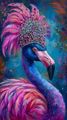 Flamboyant flamingo adorned with a bejeweled headdress, wearing a feathery boa, amidst a tropical paradise backdrop, lit with vibrant hues, radiating extravagance and charm