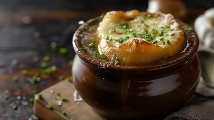 Bowl of french onion soup with copy space - 787306317