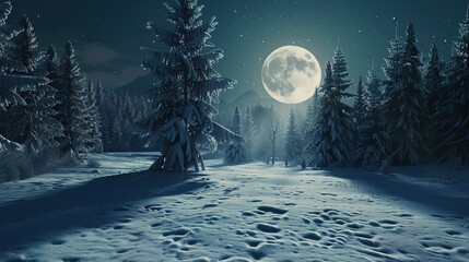 a snowy landscape at night, with a full moon illuminating the scene and casting long shadows on the snow.