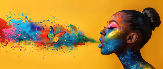 A dark-skinned beauty exhales colorful powder, butterflies fly over it